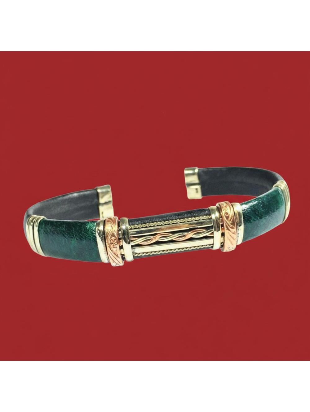 Mixed Metal Green and Gold-Tone Leather Cuff Bracelet